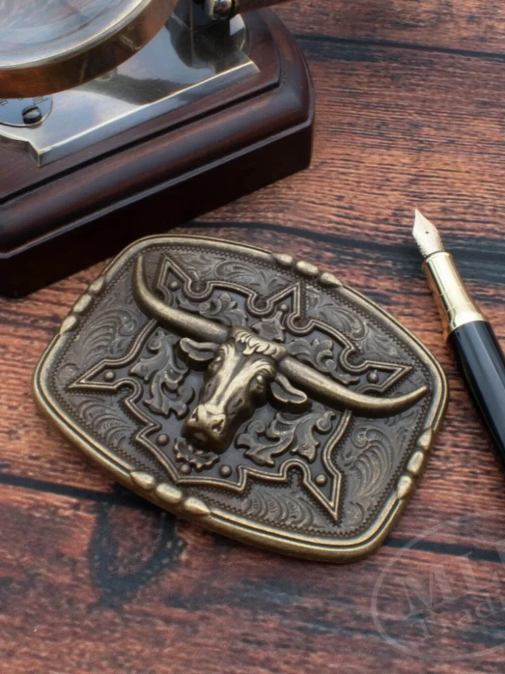Western Longhorn Bull Belt Buckle – Antique Bronze Look – Cowboy Rodeo Style